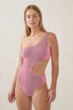 One Shoulder Cut Out One Piece Cheeky, NEON CRUSH/BLACK CRINKLE - alternate image 1