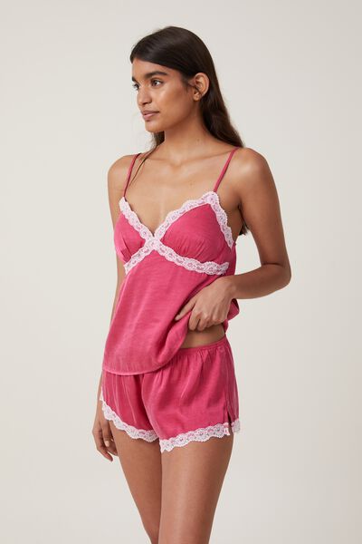 Staycay Lace Trim Cami Set Asia Fit, PINK JELLY