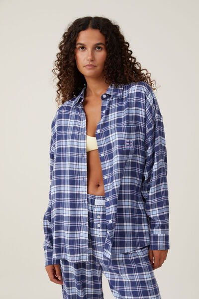Flannel Boyfriend Long Sleeve Shirt Personalised, NAVY/BLUE CHECK
