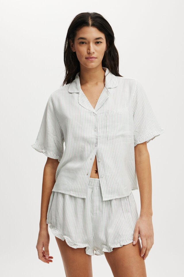 Flannel Short Sleeve Shirt And Short Sleep Set, GREEN/PINK STRIPE