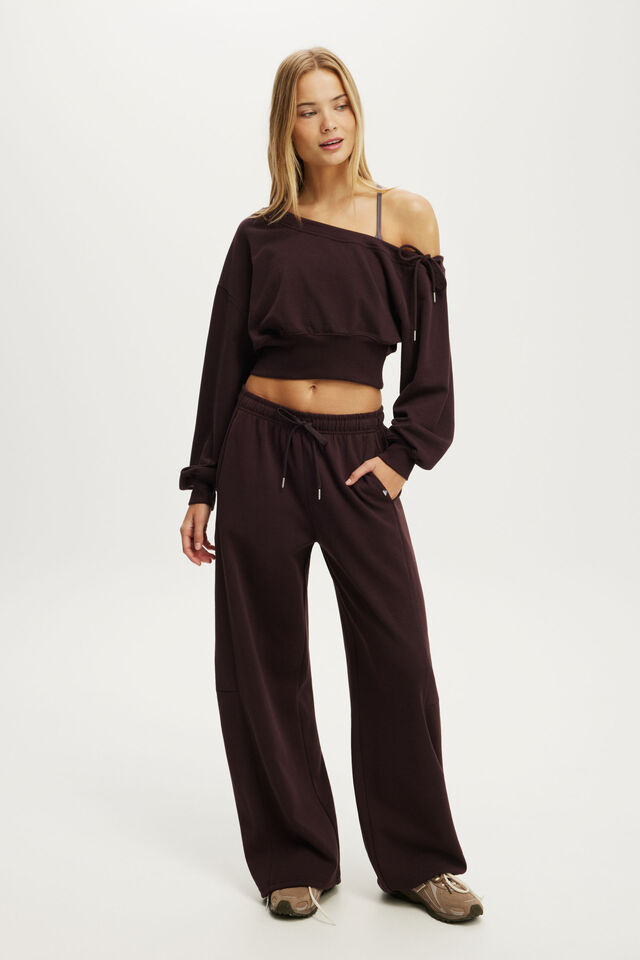 Fleece Off Shoulder Cropped Sweatshirt, ITALIAN PLUM
