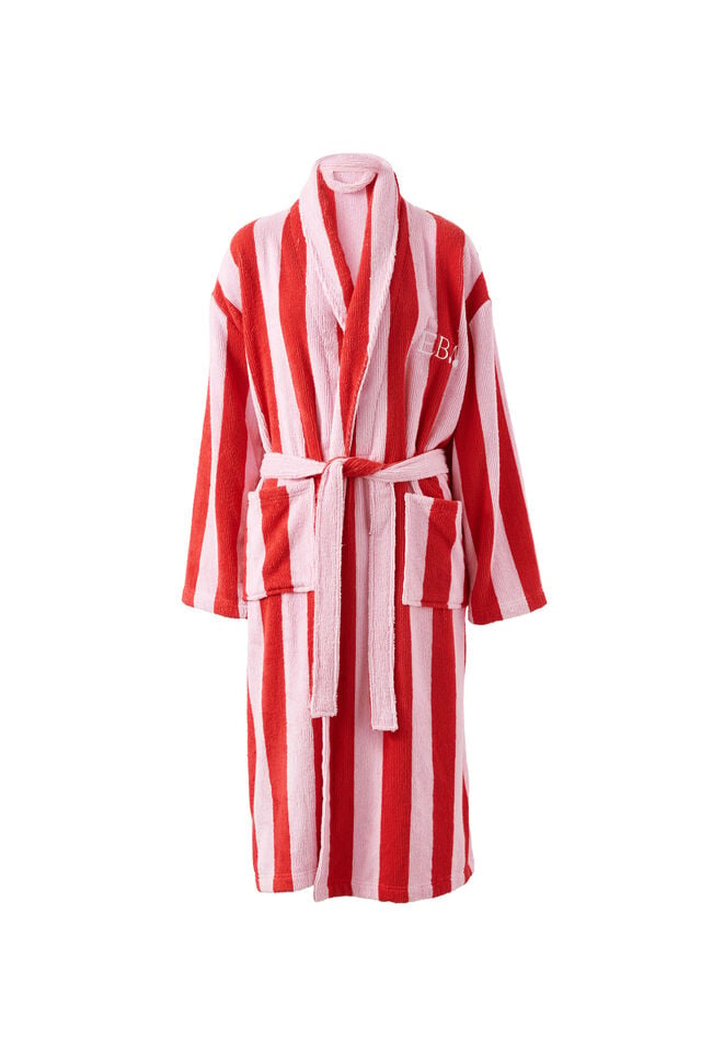 Luxe Terry Robe Personalised, PINK/RED CLAUDIA STRIPE