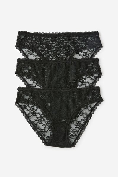 Remi Lace Trim Bikini Brief 3 Pack, BLACK