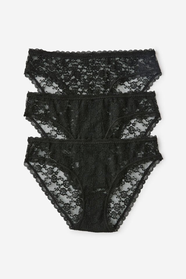 Remi Lace Trim Bikini Brief 3 Pack, BLACK