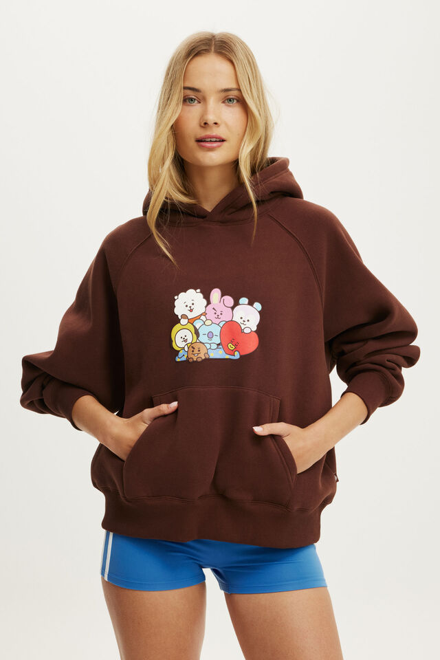 BT21 Plush Graphic Raglan Hoodie, LCN BT21/CHESTNUT