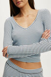 Airy Soft Lounge V Neck Long Sleeve, RIBBED LUCY STRIPE VIOLET BLUE/TOFFEE BEAN - example image 2