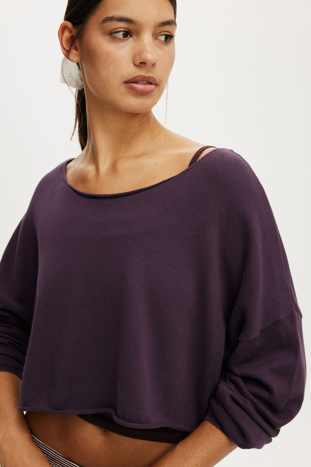 Off The Shoulder Cropped Knit, CHOCOLATE PLUM