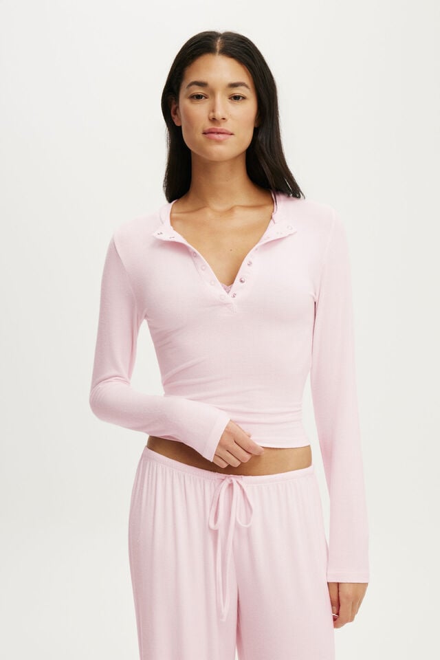 Super Soft Henley Long Sleeve Top, PINK KISS