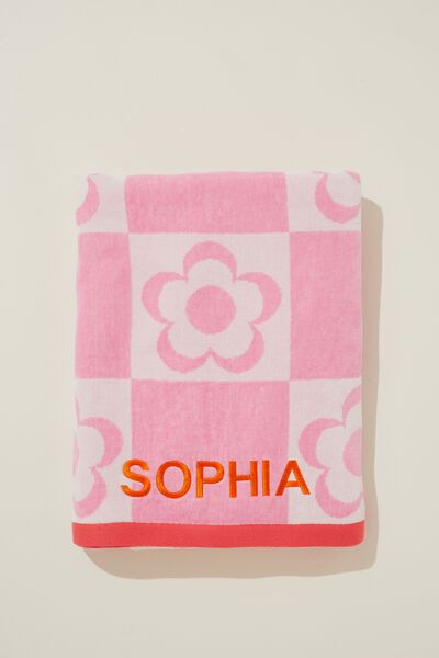 Cotton Beach Towel Personalised, CHECKERBOARD DAISY PINK