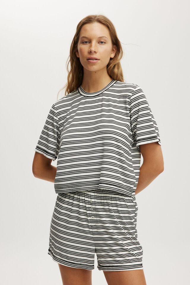 So Soft Short Sleeve Jersey Sleep Set, BLACK/WHITE STRIPE