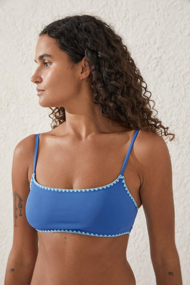 Straight Neck Crop Bikini Top, SPRING BLUE/BLANKET STITCH