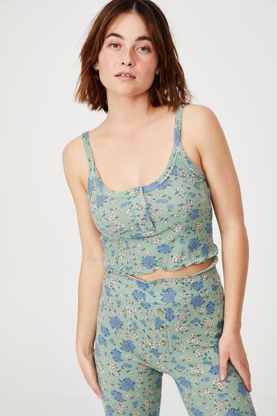 Bed Time Waffle Singlet, FLORAL BUNCH DITZY SMOKE GREEN