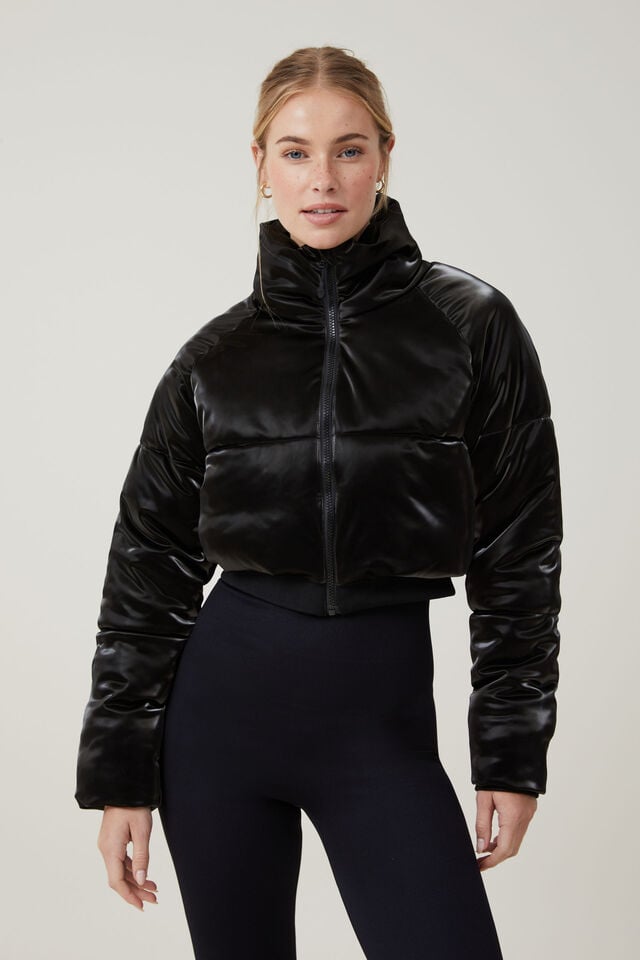 The Recycled Cropped Mother Puffer 2.0, BLACK GLOSS