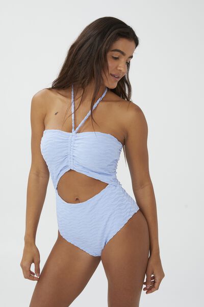 Gathered Tie Front Halter One Piece Cheeky, SALTWATER TERRY WAVE