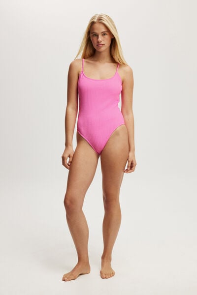 Thin Strap Low Scoop One Piece Cheeky, PINK SORBET CRINKLE