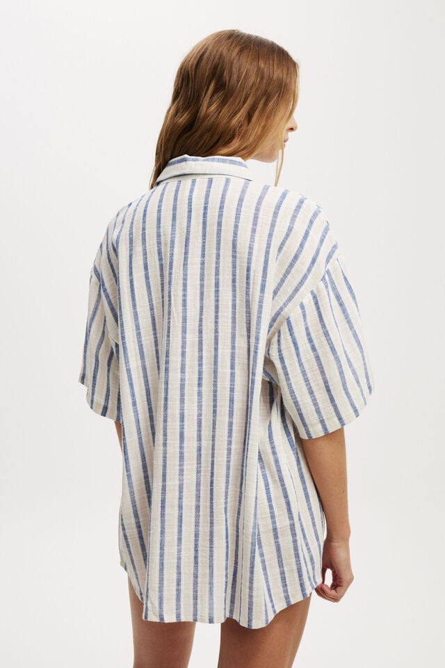 The Essential Short Sleeve Beach Shirt, BLUE/NATURAL STRIPE
