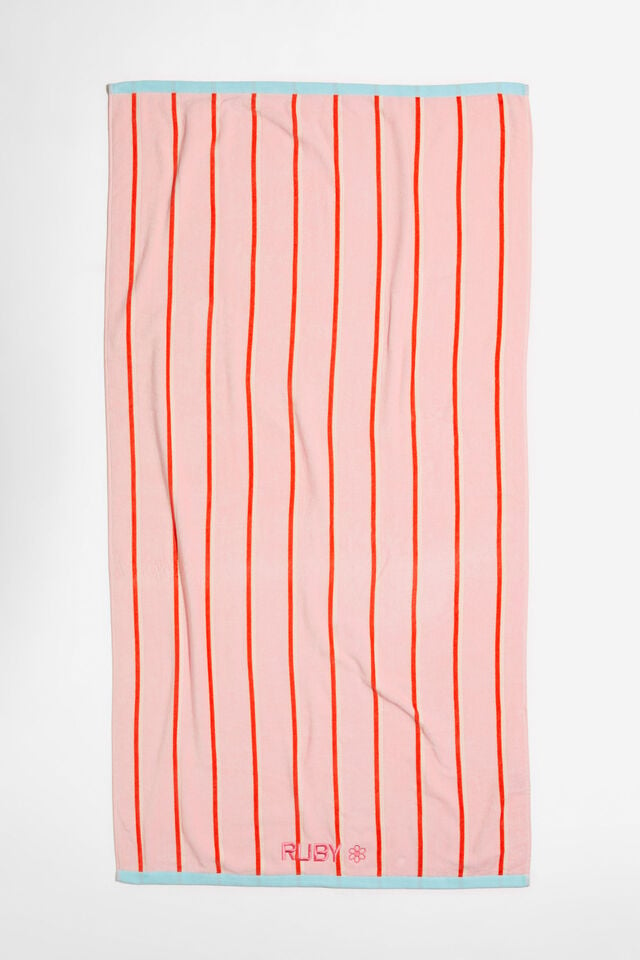 Cotton Beach Towel Personalised, POOLSIDE STRIPE PINK RED