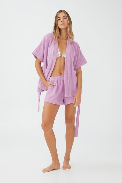 Short Sleeve Towelling Robe, LILAC BLOSSOM