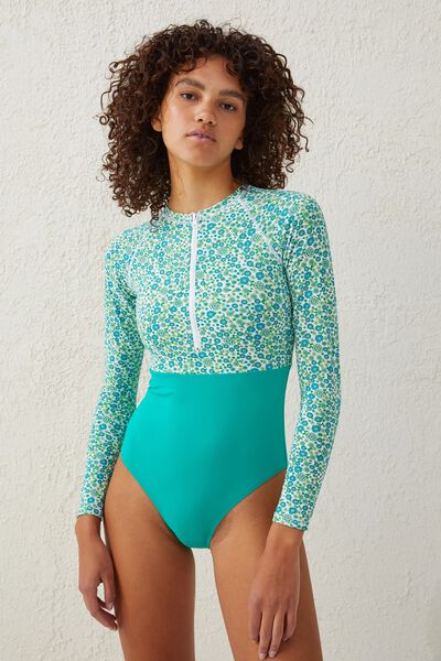 Zip Front Long Sleeve One Piece Full, RETRO DITSY/EMERAL TEAL
