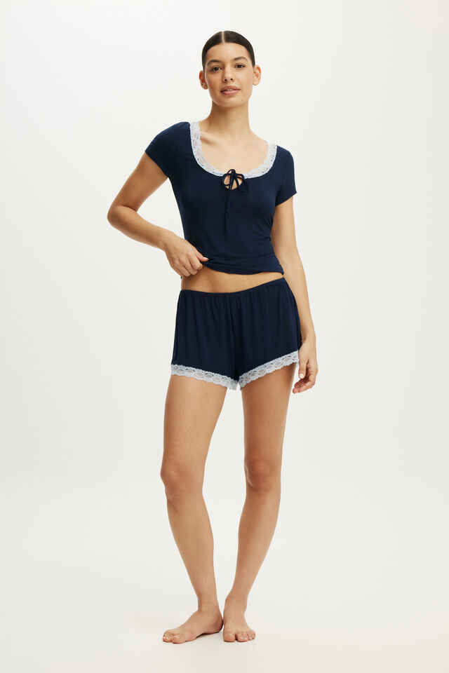 Slinky Soft Lace Trim Tee, MOON TIDE
