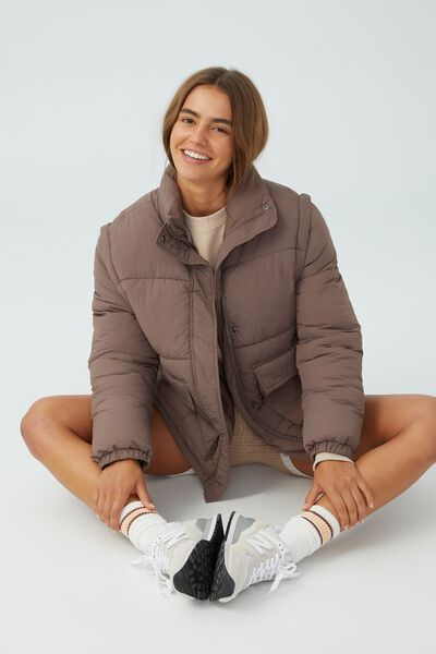The Recycled Mother Two Way Puffer Jacket, BROWNIE