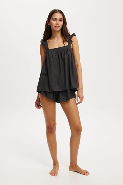 Woven Babydoll Cami Set, EBONY