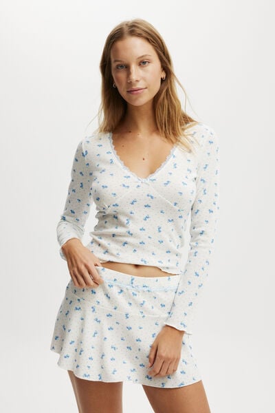 Waffle Sleep Long Sleeve Top, JULIET DITSY WHITE