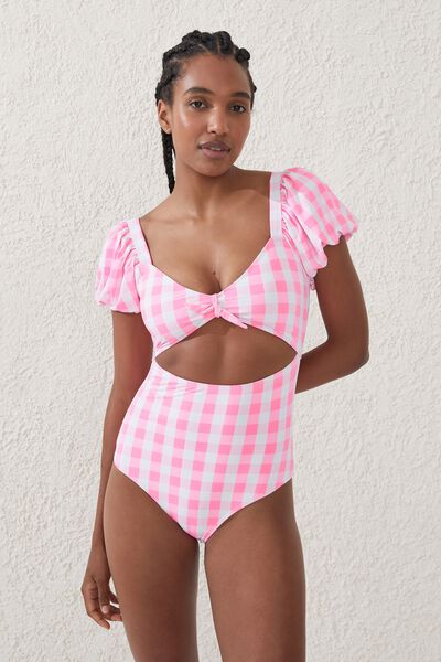 Puff Slv One Piece Cheeky, PINK CHECK