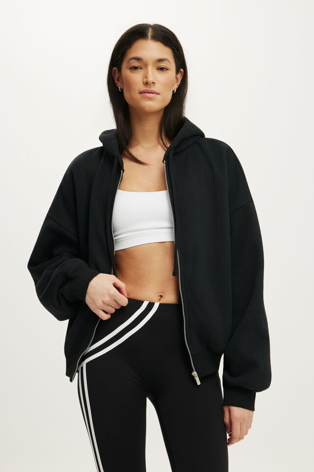 Plush Oversized Cocoon Zip Through, BLACK