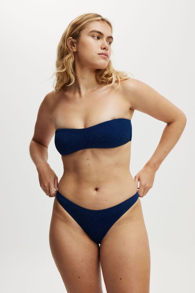 Refined High Side Brazilian Bikini Bottom, DEEP BLUE METALLIC CRINKLE
