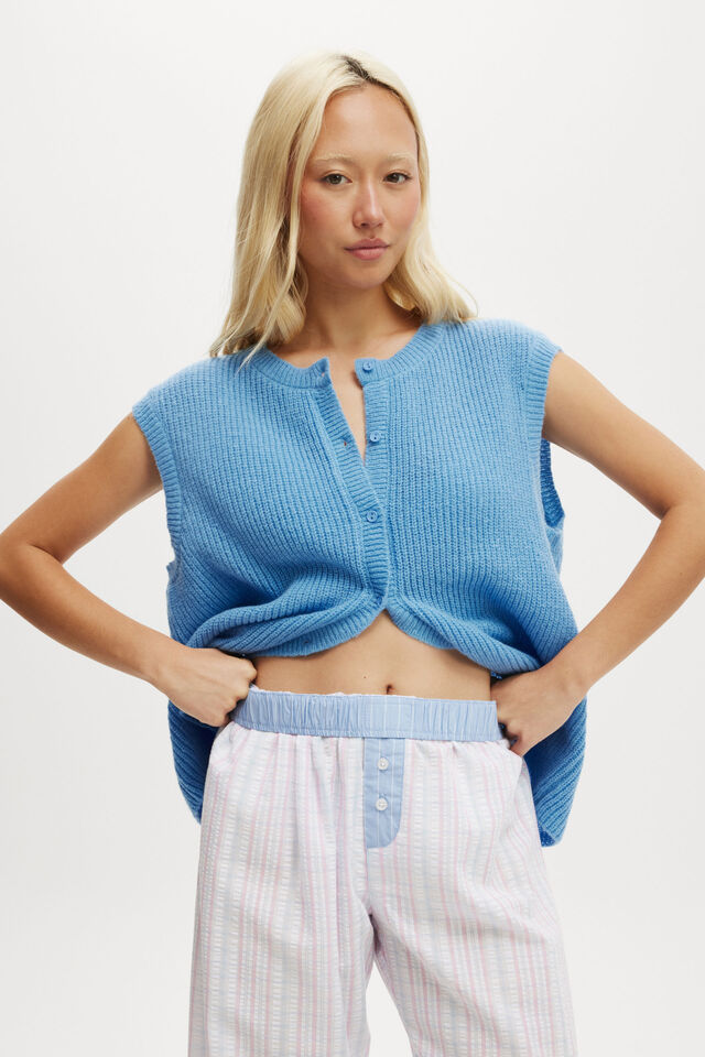 Knit Button Up Vest, ADRIFT BLUE