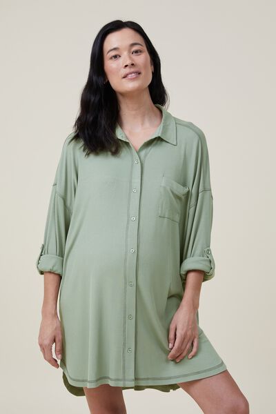 Sleep Recovery Maternity Long Sleeve Night Shirt, GREEN JASPER RIB