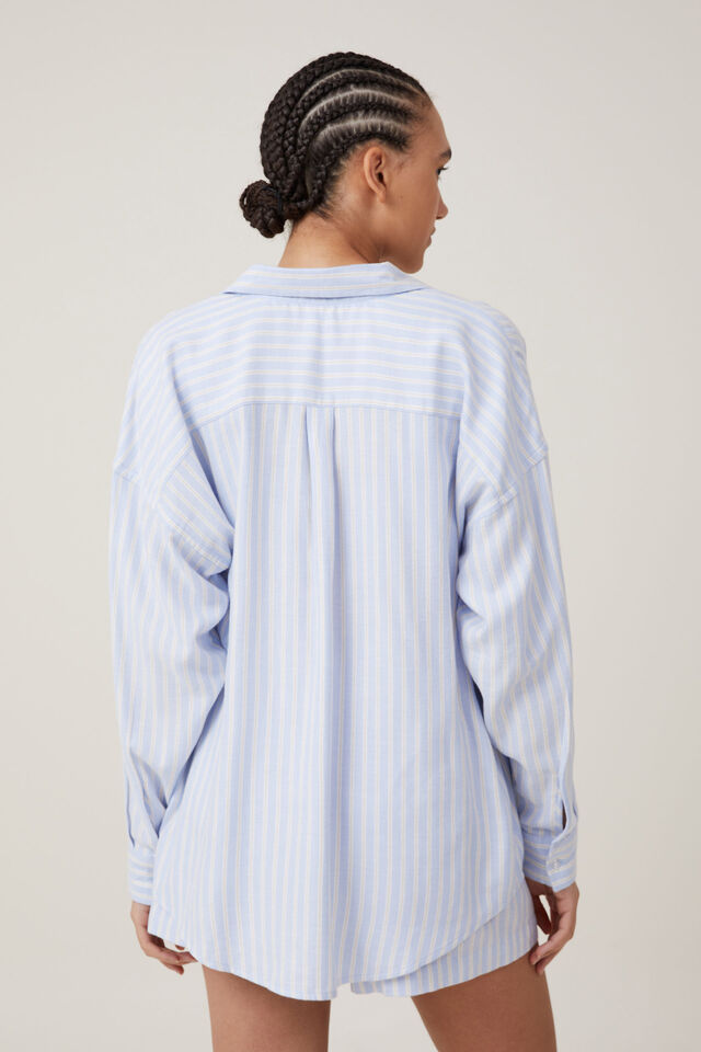 Flannel Boyfriend Long Sleeve Shirt Personalised, BLUE/WHITE/PANNA COTTA STRIPE