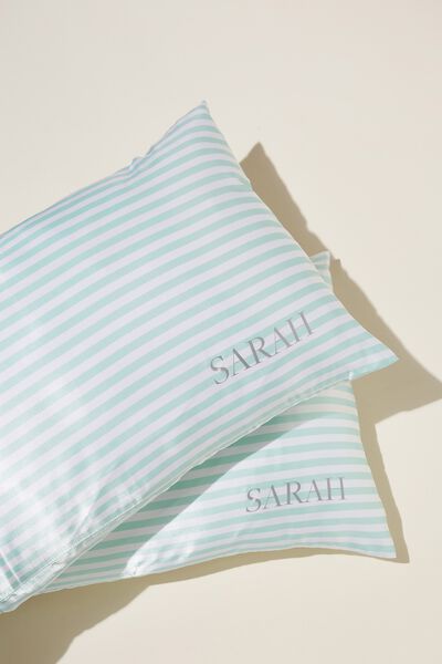 Luxe Satin Pillowslip Duo Personalised, FAIR AQUA STRIPE