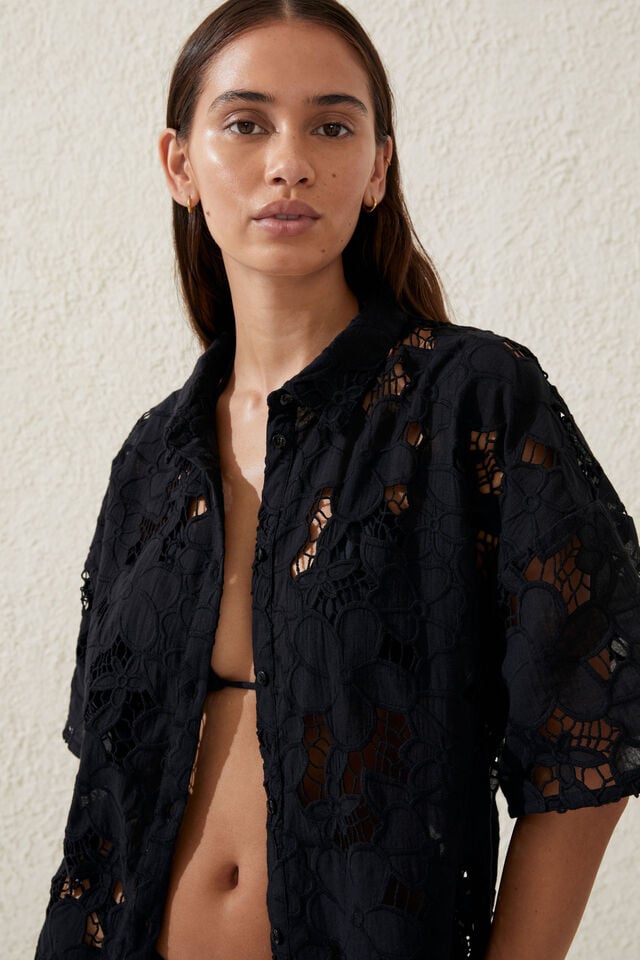 The Floral Vacation Beach Shirt, BLACK FLORAL