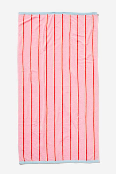 Cotton Beach Towel, POOLSIDE STRIPE PINK RED