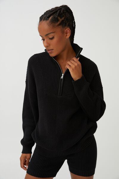 Active Chunky Knit Jumper, BLACK