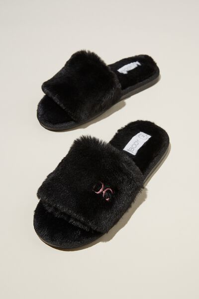 Personalised Fur Slide Slipper, BLACK