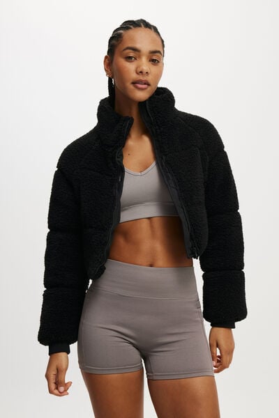 The Mother Puffer Cropped Sherpa Jacket, BLACK