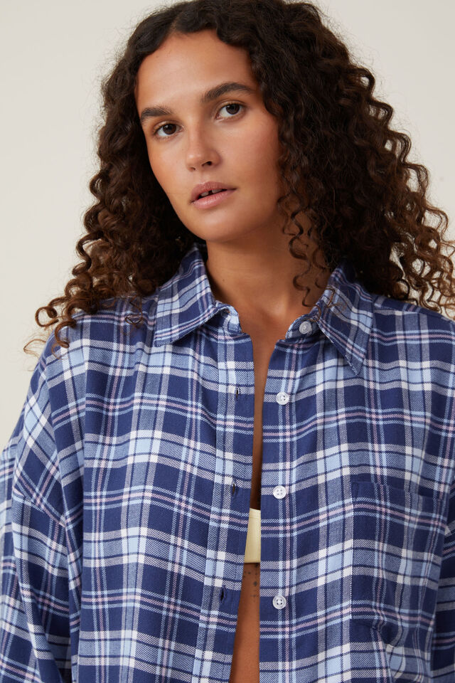 Camiseta - Flannel Boyfriend Long Sleeve Shirt, NAVY/BLUE CHECK