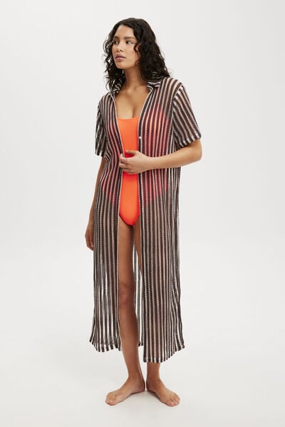 Longline Beach Robe, WILLOW BROWN STRIPE/OPEN MESH