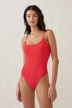 Thin Strap Low Scoop One Piece Cheeky, LOBSTER RED CRINKLE - alternate image 1