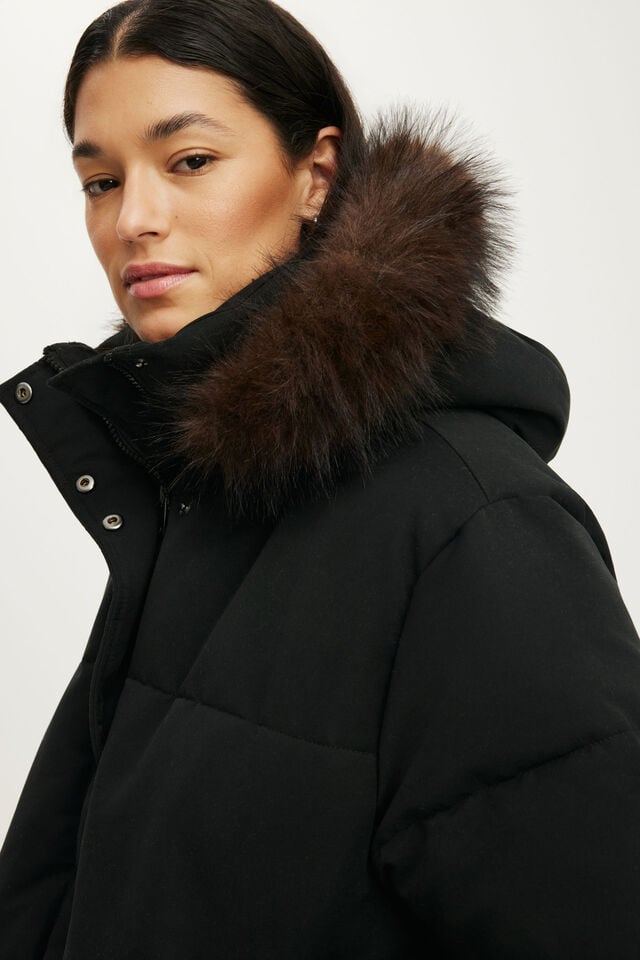 The Mother Puffer Soft Touch Removable Hood Jacket, BLACK/FAUX FUR