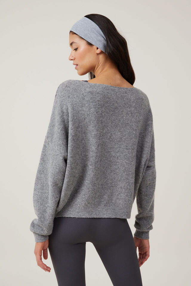 Off Shoulder Relaxed Knit Jumper, CHARCOAL MARLE