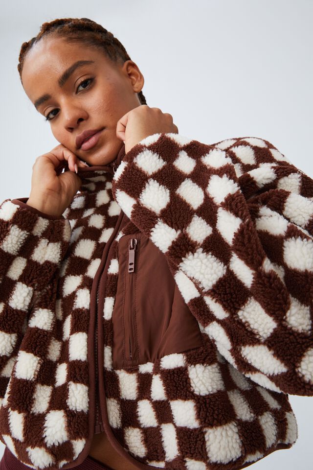 Cropped Sherpa Printed Jacket, TOASTED HAZELNUT CHECKERBOARD