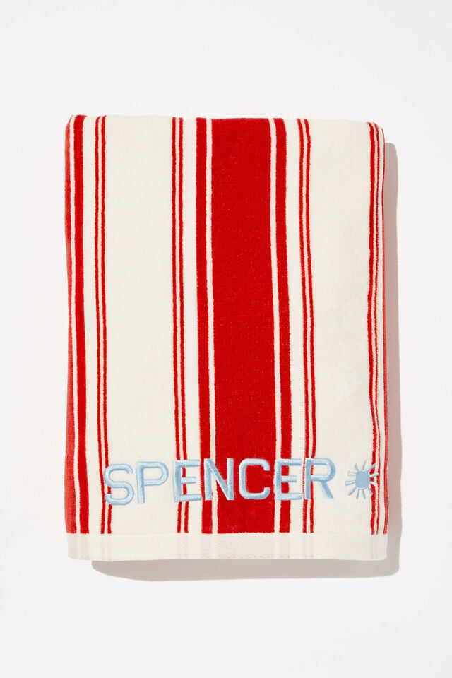 Cotton Beach Towel Personalised, COASTAL STRIPE WHITE RED