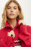 Funnel Neck Fairisle Knit Zip Through, CHARGED RED - example image 2