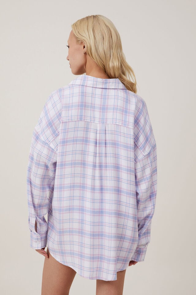 Flannel Boyfriend Long Sleeve Shirt, WHITE/BLUE/PINK CHECK