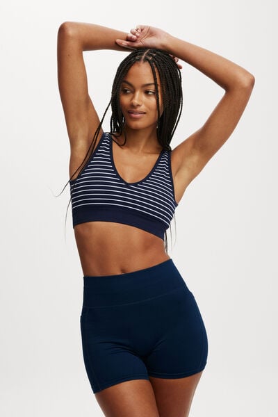 Seamless Plunge Strappy Back Crop, DARK WATER/WHITE STRIPE