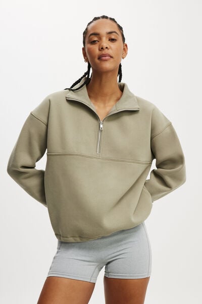 Plush Essential Half Zip Jumper, DUSTY KHAKI